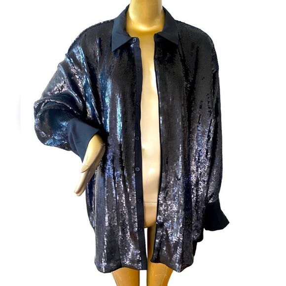 Size 1x NWT black, sequin shirt, jacket, Kahler, and cuffs, hidden button down - Picture 2 of 7